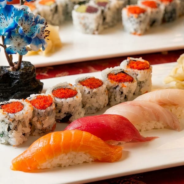 Plates of sushi and sashimi, including salmon, tuna, and rolls with roe, on a red patterned tablecloth.
